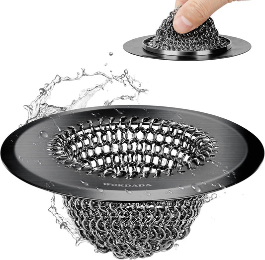 WOKDADA Upgraded Sink Drain Strainer, Patented Reversible Chain Mail Mesh | Anti-Slip Ring, Fast Drainage, Reversible Flip Clean, Rust-Proof, Universal 4.4-Inch, Large Capacity, Garbage Disposal Fit