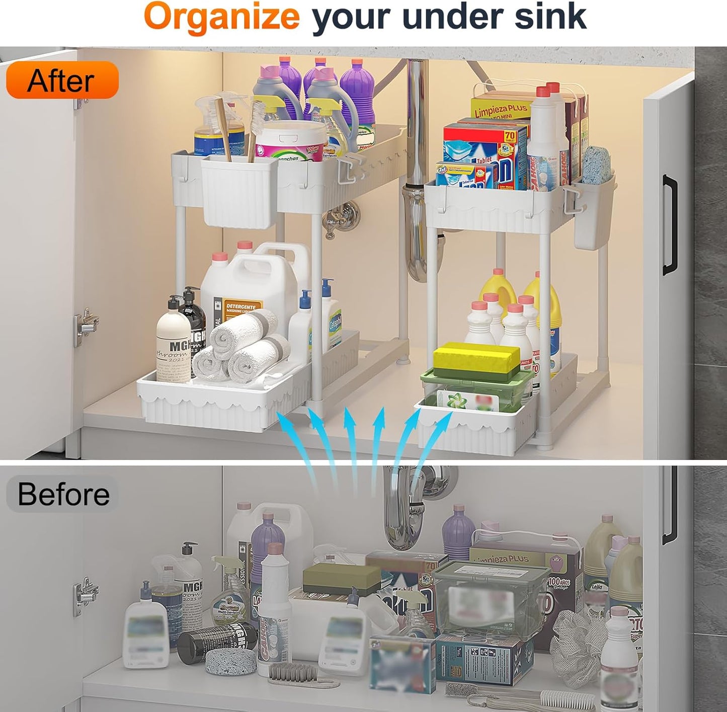 Sevenblue 4-Pack 2-Tier Under Sink Organizer with Pull Out Drawers | Multi-use kitchen & bathroom storage. Includes hanging hooks and cups. Black, space-saving cabinet design.