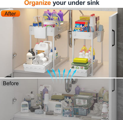 Sevenblue 4-Pack 2-Tier Under Sink Organizer with Pull Out Drawers | Multi-use kitchen & bathroom storage. Includes hanging hooks and cups. Black, space-saving cabinet design.