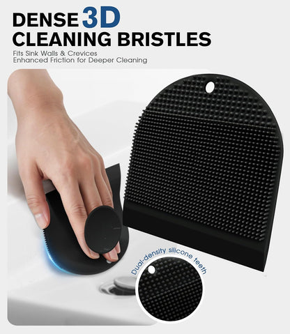 2 Pack Silicone Sink Cleaning Brush with Squeegee, Flexible Non-Scratch Dish Scrubber for Kitchen and Bathroom Sink, Countertop & Dishwashing, Suction Cup Hanging Design (Gray)