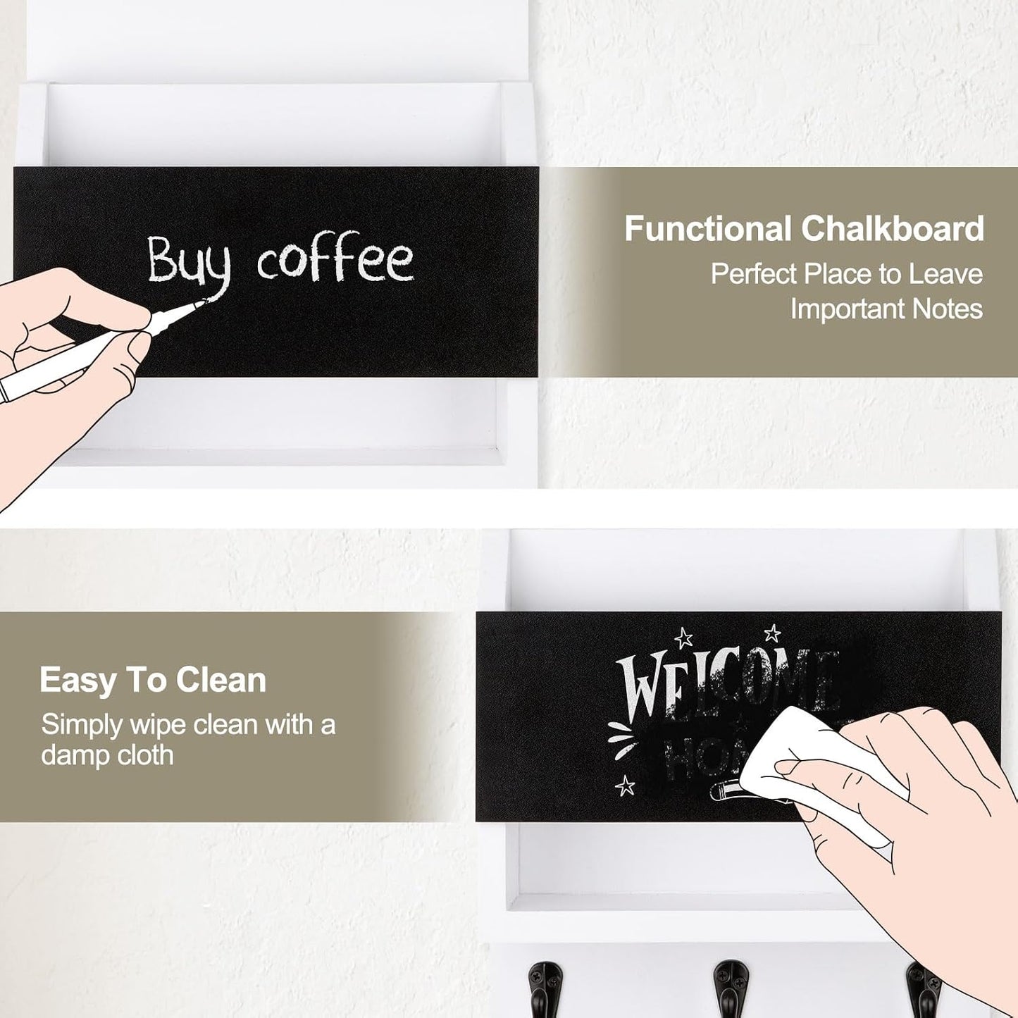 Key and Mail Holder for Wall, Key Holder with Chalkboard and Long Storage Box, Key Hanger with 3 Sturdy Hooks for Coat, Dog Leash, Entryway Mail Organizer (Black)