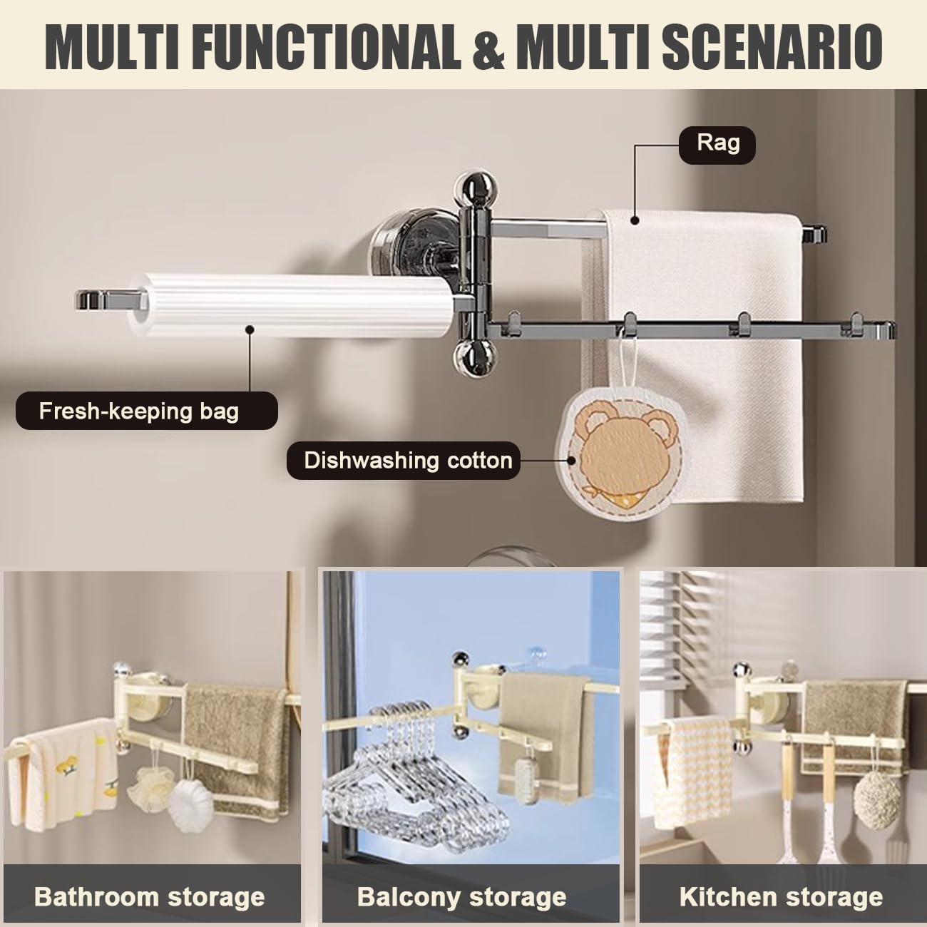 2PCS Swivel Suction Cup Towel Bar 3 Swing Arms 270°Rotation Wall Mounted Cloth Drip Dry Holder Multifunctional Storage Rack for Bathroom and Kitchen Accessories Beige