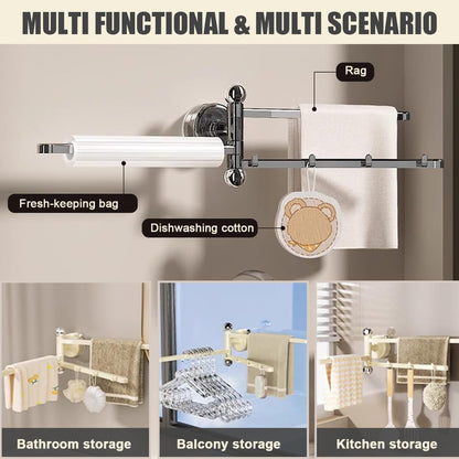 2PCS Swivel Suction Cup Towel Bar 3 Swing Arms 270°Rotation Wall Mounted Cloth Drip Dry Holder Multifunctional Storage Rack for Bathroom and Kitchen Accessories Beige