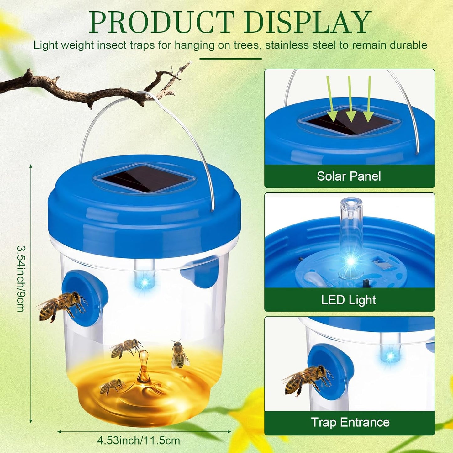 Wasp Trap Solar Powered Bee Trap Reusable Fly Traps Outdoor Hanging Wasp Killer with UV LED Light Flying Insects Bee Killer for Indoor Outside Patio Garden Home (6, Yellow)