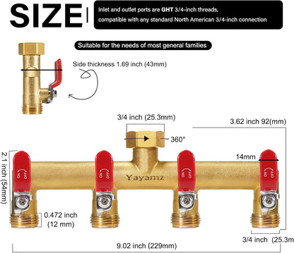 Garden Hose Splitter, 3/4” Rust and Freeze Resistant Outdoor Hose Manifold with 2 Green Extra Long Handles Faucet Adapter-Heavy Duty Brass 2-Way Valve