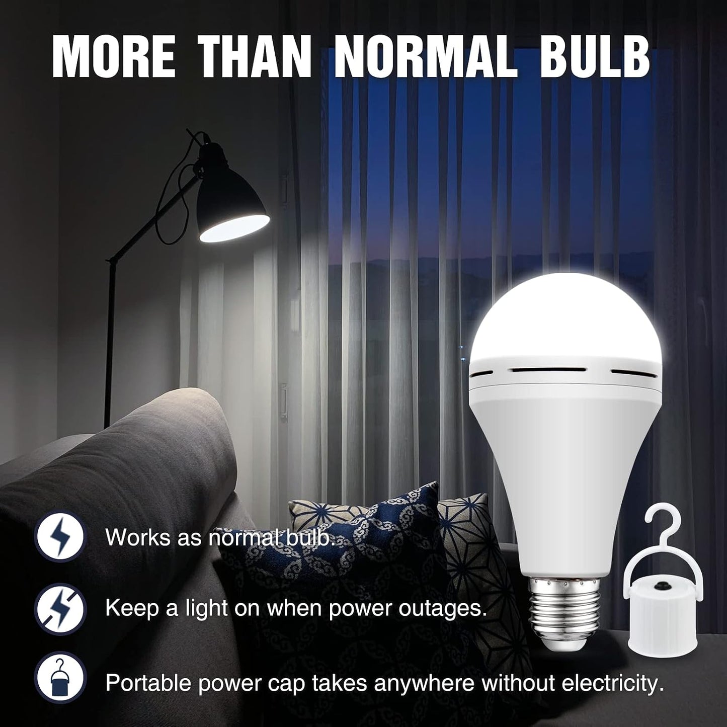 Neporal 4 Pack Emergency-Rechargeable-Light-Bulb, Stay Lights Up When Power Failure, 1500mAh 15W 80W Equivalent LED Light Bulbs for Home, Camping, Tent (E27, with Hook) (Daylight)