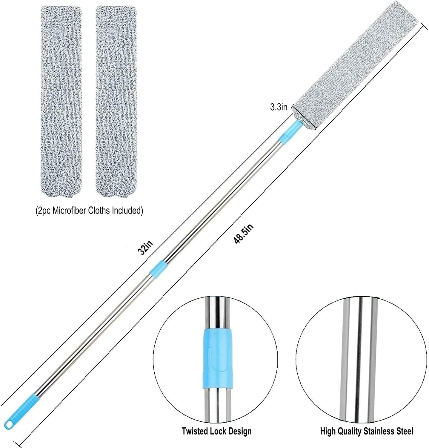 Microfiber Duster Kit High Reach Ceiling Fan Duster with Extendable Pole 100" Telescoping Cobweb Duster for Cleaning, Bendable Head Washable Duster for Ceiling, Fan, Furniture
