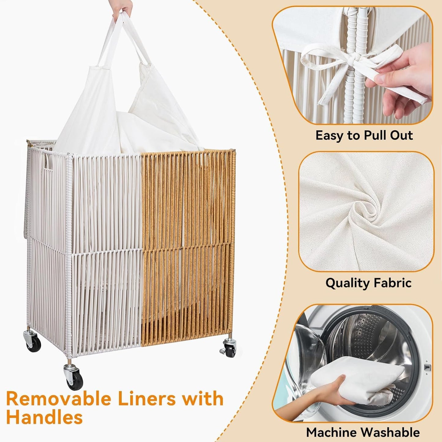 WOWLIVE Laundry Hamper with Wheels, 160L Handwoven Rolling Laundry Basket 3 Section with Lid, Clothes Hamper with Removable Liner Bags, Large Capacity Laundry Sorter Laundry Room Organization, Natural