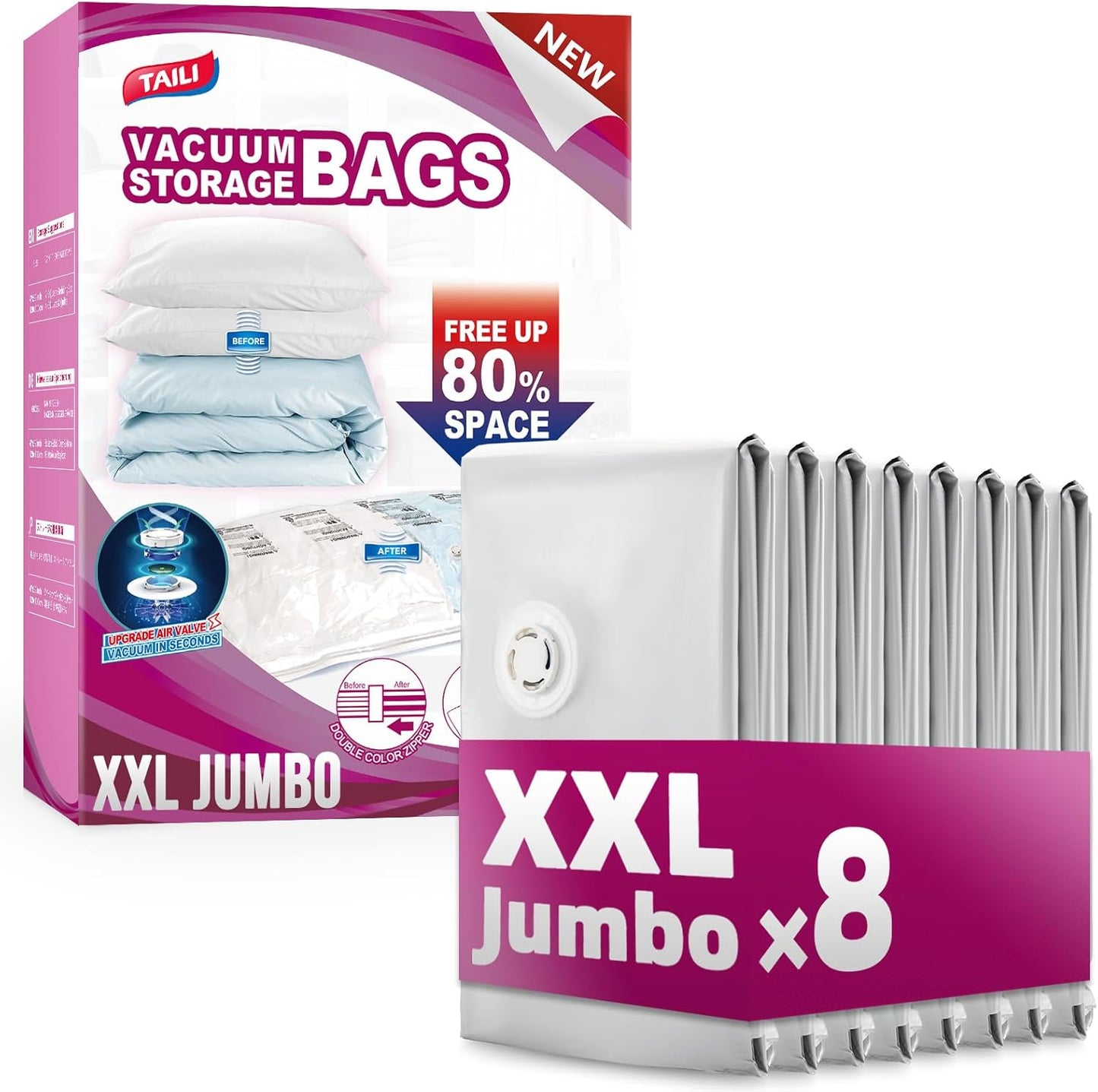 TAILI 8 Pack Jumbo Vacuum Storage Bags, 39x28 inch, LONG SIDE ZIP Vacuum Seal Bags for Clothing, Space Saver for Beddings, Comforters, Blankets, Pillows