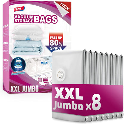 TAILI 8 Pack Jumbo Vacuum Storage Bags, 39x28 inch, LONG SIDE ZIP Vacuum Seal Bags for Clothing, Space Saver for Beddings, Comforters, Blankets, Pillows