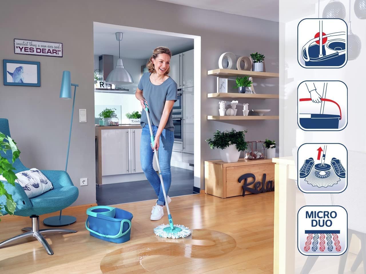 Leifheit Clean Twist Spin Mop and Bucket Set with Rollers | Telescopic Handle, 360° Joint, Spin-Dry System | Easy Glide Wheels | Blue