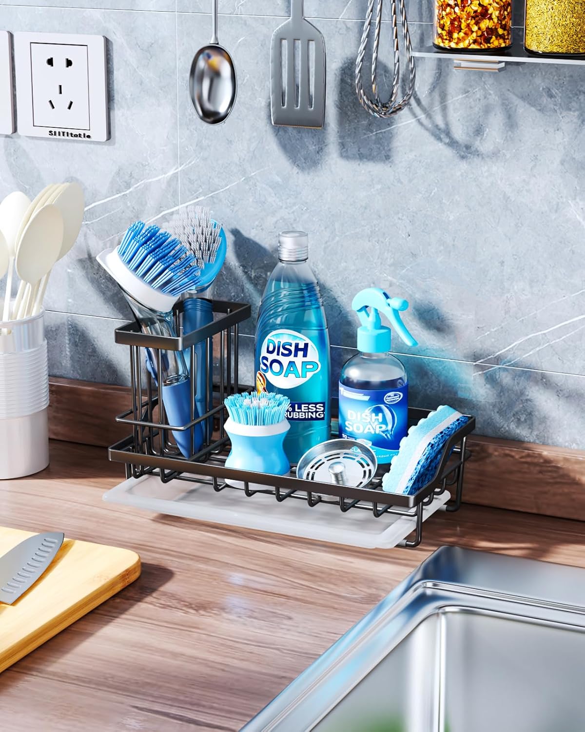 Consumest Sponge Holder for Kitchen Sink - Kitchen Sink Caddy Organizer with Removable Drip Tray for Countertop Dish Soap Dispenser Brush Storage Accessories 304 Stainless Steel - Black