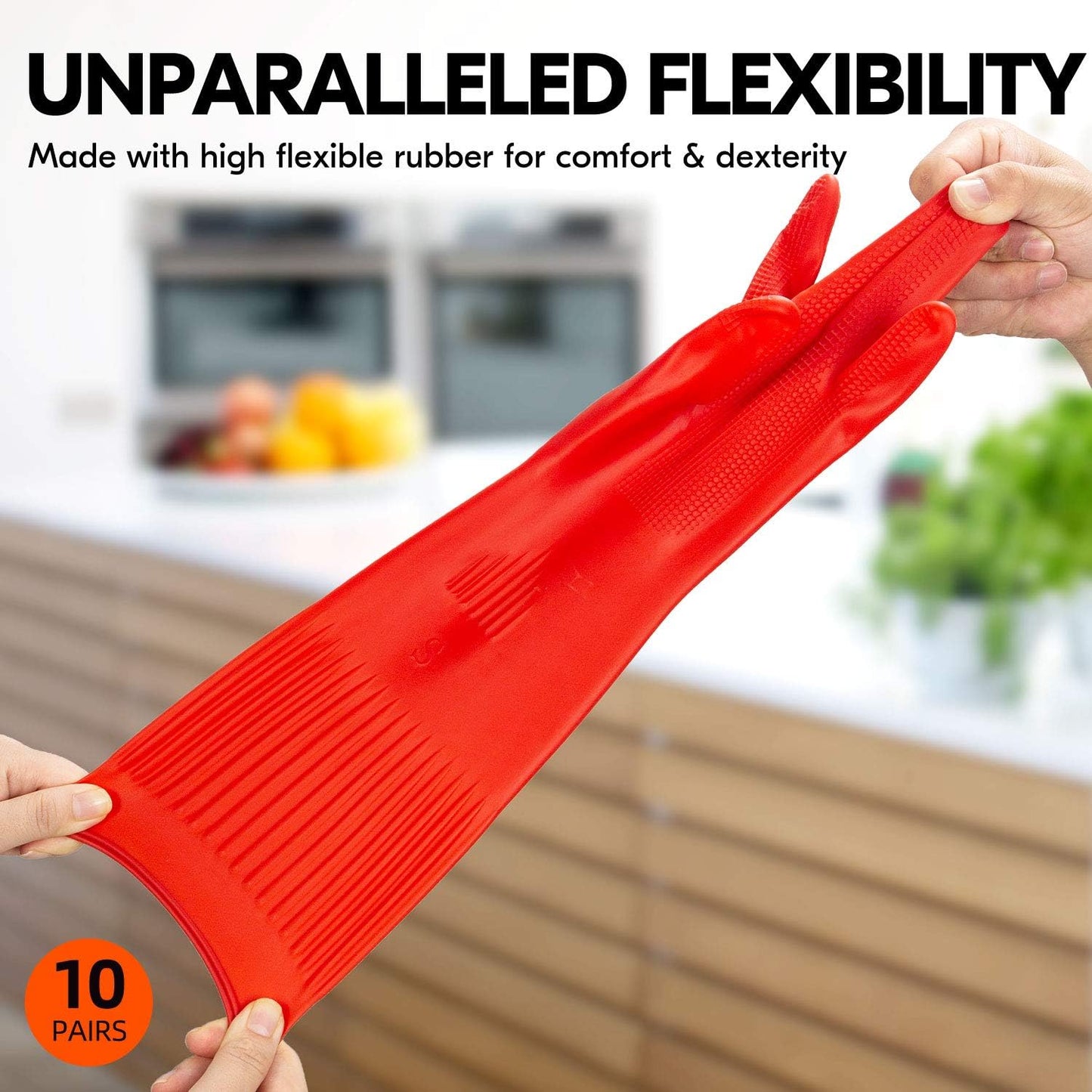 Vgo... 1-Pair Reusable Long Sleeve Thick Latex Dishwashing Gloves - Kitchen, Cleaning, Washing, Working, Painting, Gardening, Pet Care (Size M, Red, RB2143)