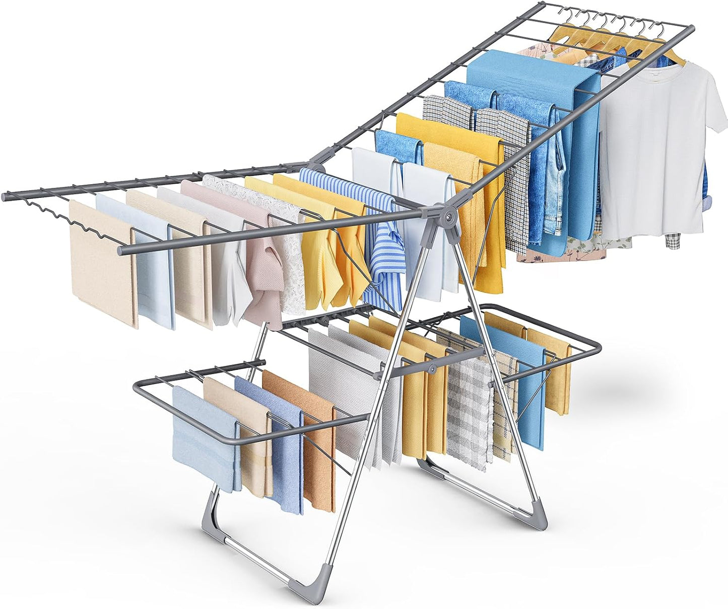 Sakugi Clothes Drying Rack, Foldable 2-Level Laundry Drying Rack with Height-Adjustable Wings, for Clothing & Bedding, Free-Standing Space-Saving Rack, Indoor & Outdoor, 55.5" L × 22.8" W, Gray