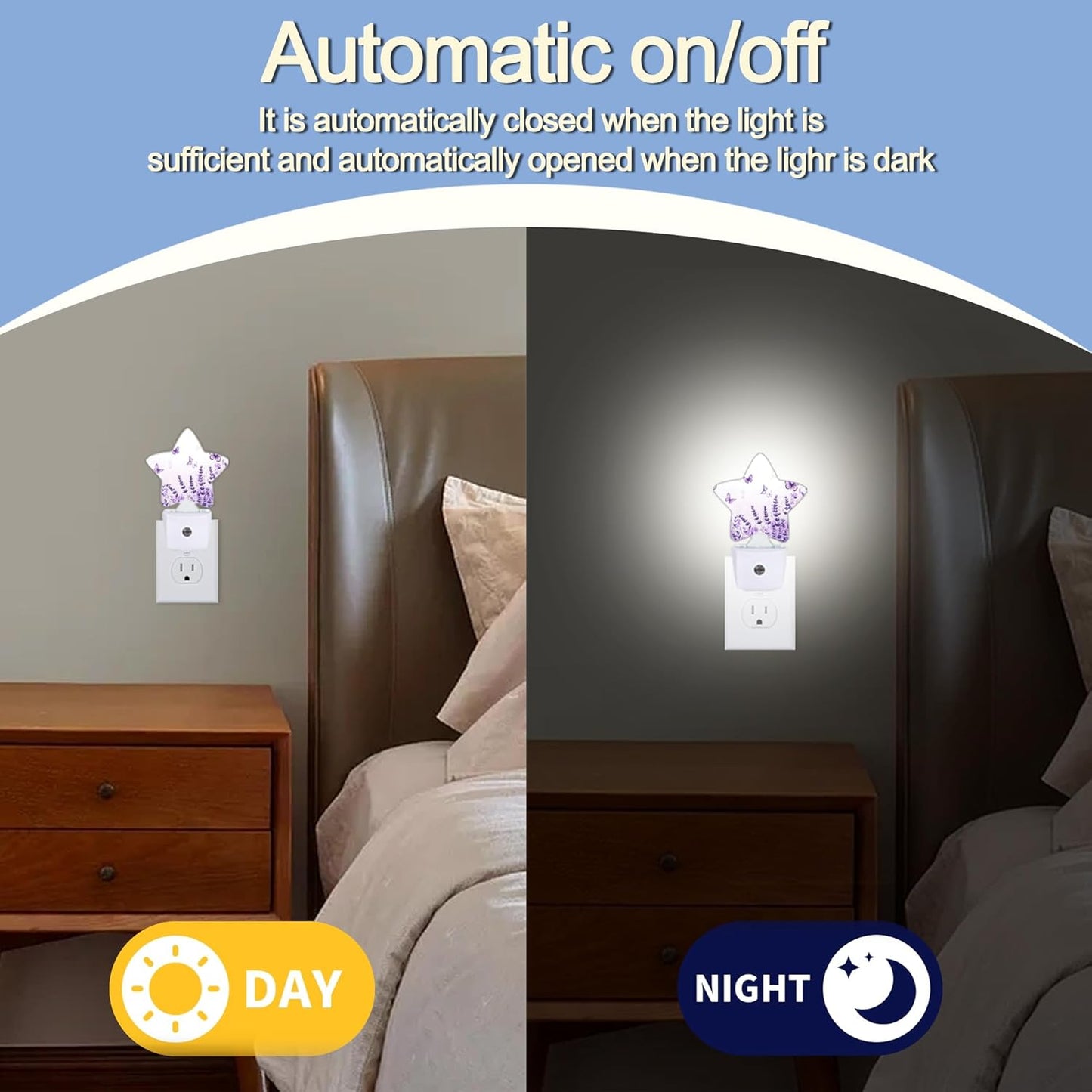 Lavender Butterfly Nightlight,Summer Flowers Star Night Lights Plug into Wall Decorations for Bedroom Bathroom,Dusk to Dawn Sensor Kitchen Hallway Stairs Energy Efficient Desk Lamp