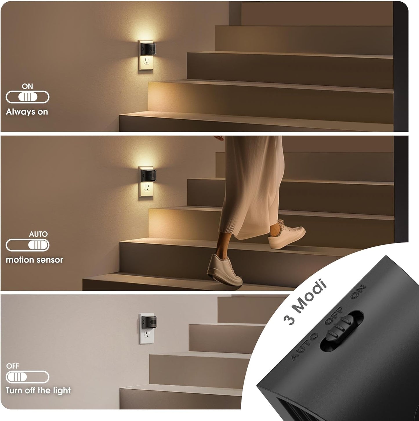 JandCase Motion Sensor Night Light, 2 Pack Motion Activated Night-Lights, 3000K Warm White LED Night Lights Plug into Wall, 30/60LM Adjustable Brightness, for Kids Adults Bathroom Bedroom