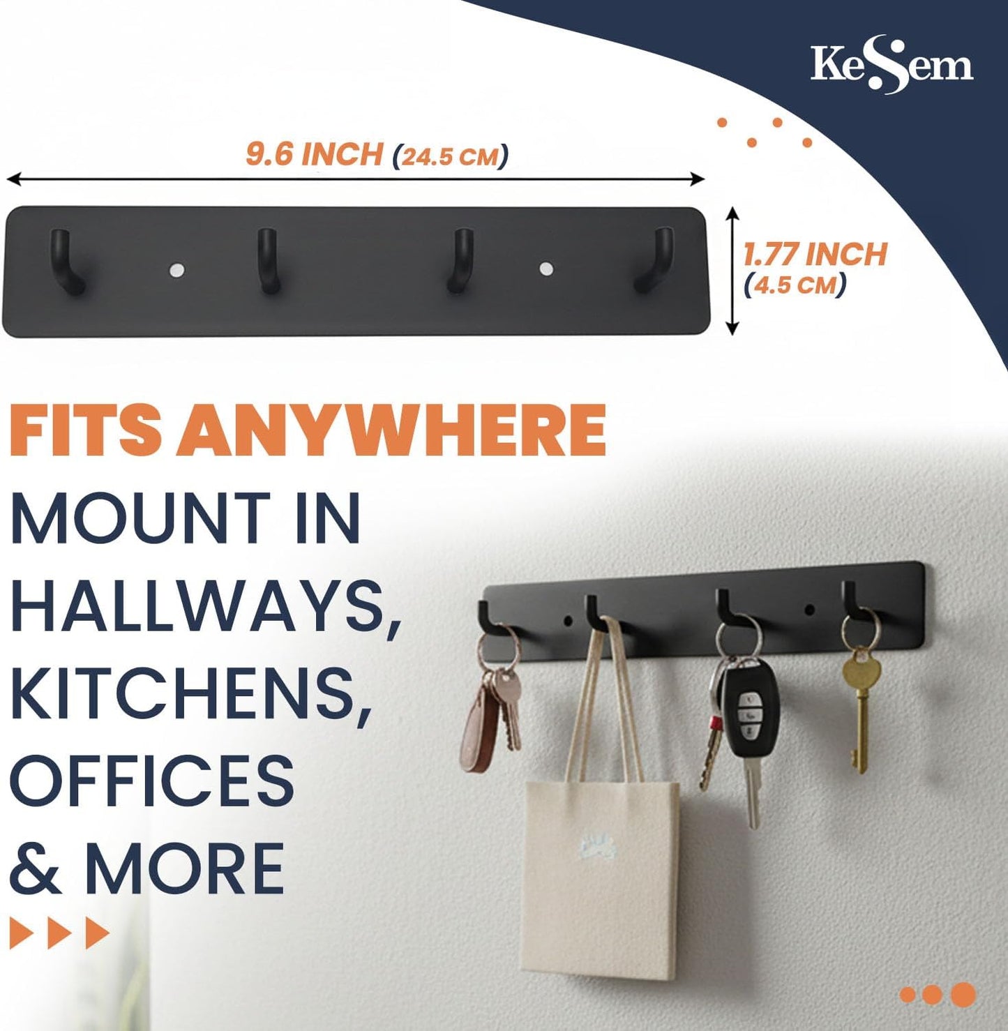 KESEM Key Holder Wall Mount, Key Rack with 4 Hooks for Wall/Door Mounted Metal Keys Rail Hanger, 2 Installation Options Self Adhesive or Screws, Black