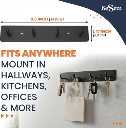 KESEM Key Holder Wall Mount, Key Rack with 4 Hooks for Wall/Door Mounted Metal Keys Rail Hanger, 2 Installation Options Self Adhesive or Screws, Black