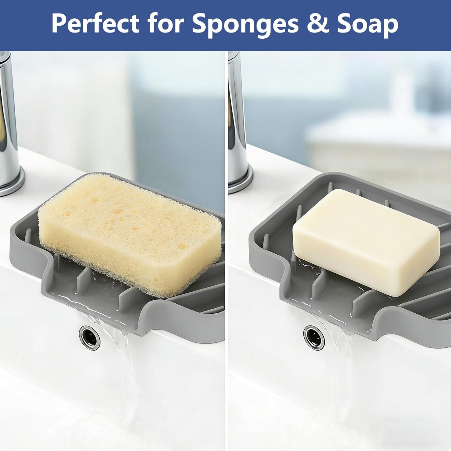 JACZZO Silicone Sponge Holder for Kitchen Sink, (10x4 In) Sink Caddy with Drain Spout, Self Draining Soap Tray & Organizer, Kitchen Accessories,Bathroom Organizer, Easy to Clean (Grey)