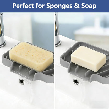 JACZZO Silicone Sponge Holder for Kitchen Sink, (10x4 In) Sink Caddy with Drain Spout, Self Draining Soap Tray & Organizer, Kitchen Accessories,Bathroom Organizer, Easy to Clean (Grey)