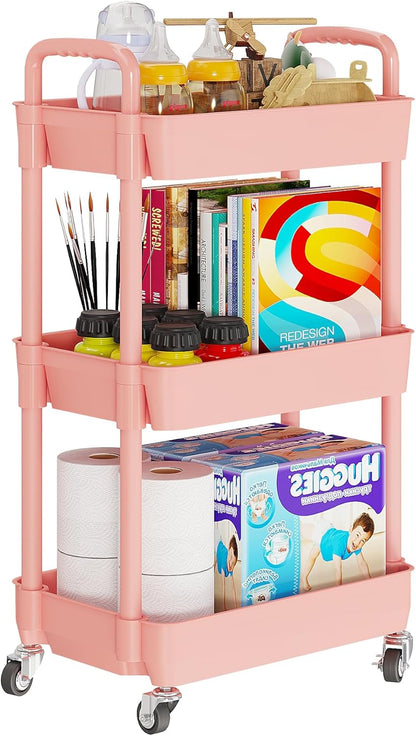 Laiensia 3-Tier Rolling Cart with Wheels,Multifunction Utility Storage Carts, Kitchen Storage Organizer,Mobile Shelving Unit for Bathroom,Laundry,with Classified Stickers,White