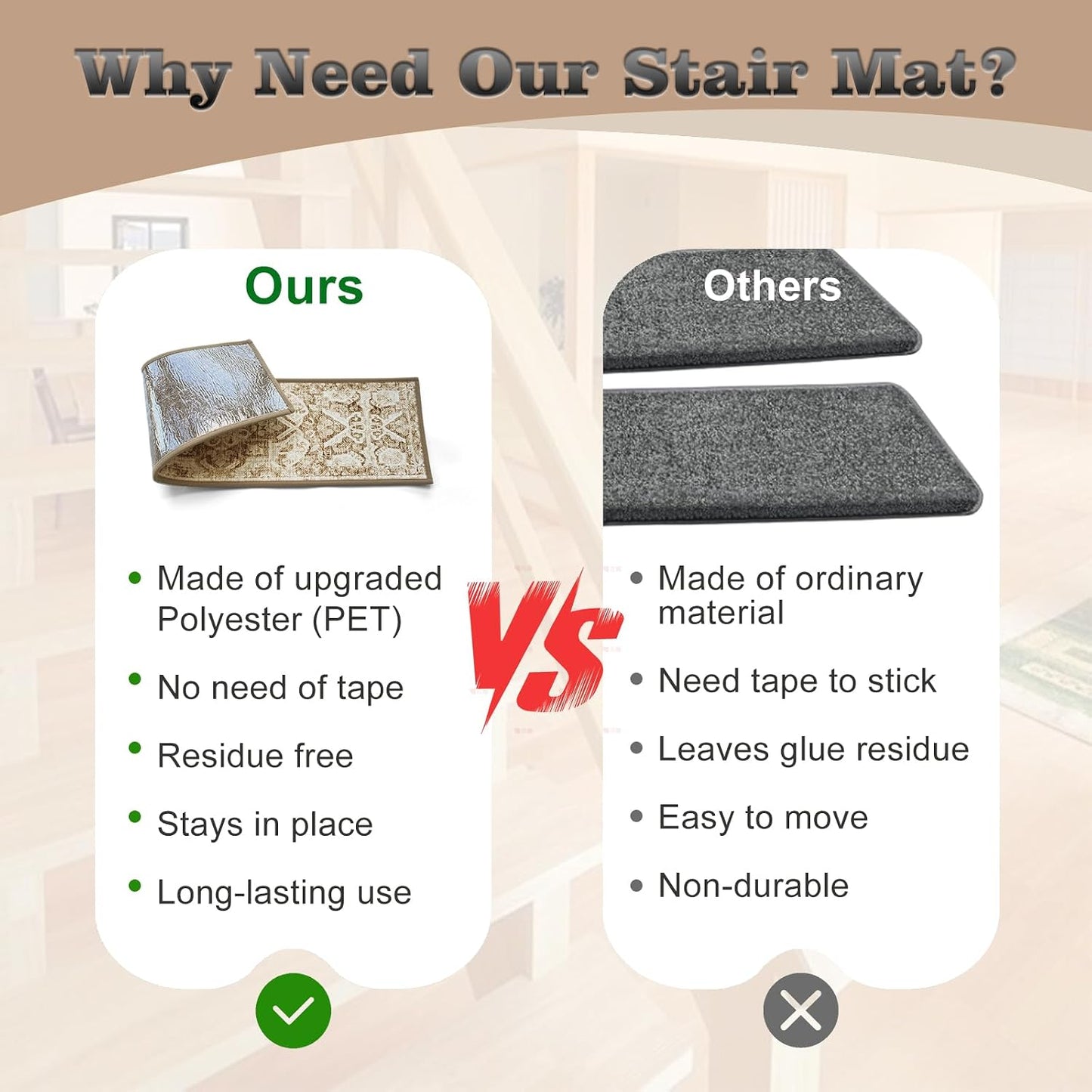 Non Slip Stair Treads for Wooden Steps, 15 Pack 8"x30" Washable Carpet | 8x30 in soft chenille polyester stair treads with reusable TPE backing for indoor wood stairs, dogs, kids, and seniors