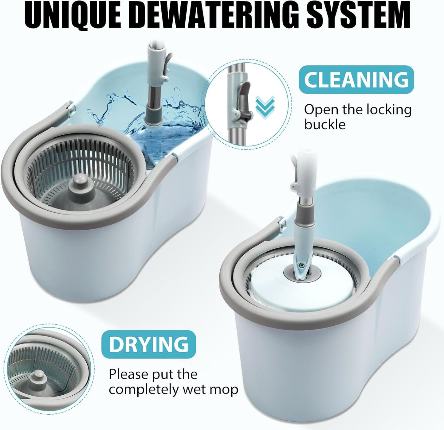 Spin Mop and Bucket with Wringer Set,360° Mop and Bucket System with 3 Microfiber Mop Refills and 50" Extended Handle for Floor Cleaning