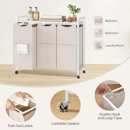 HOOBRO Laundry Sorter 3 Section, Laundry Hamper with Wheels, 3 × 11.5 Gal (43.5 L), Rolling Laundry Basket, Pull-Out and Removable Oxford Fabric Laundry Bags, Rustic Brown and Black BF76XY01