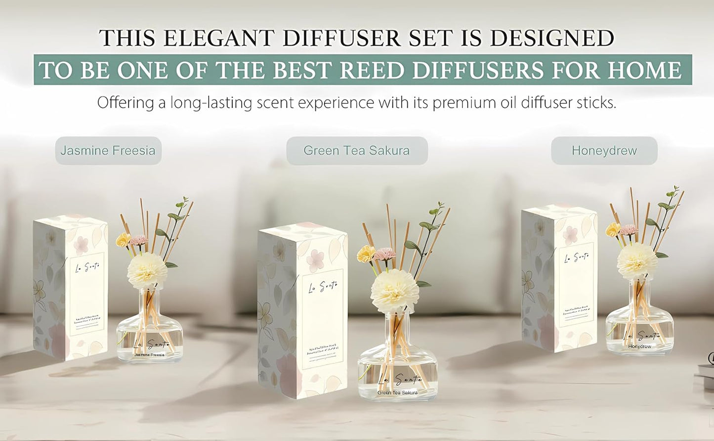 Reed Diffuser Set 8.5 fl oz / 250 ml Glass Bottle with Decorative Flower & Natural Reeds Flameless Home Fragrance for Bathroom Bedroom Office Honeydew Scent