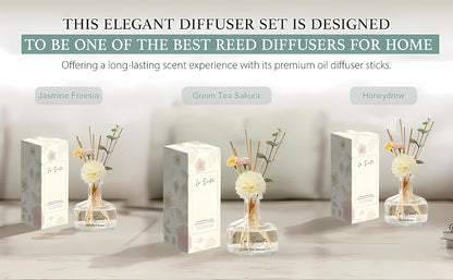 Reed Diffuser Set 8.5 fl oz / 250 ml Glass Bottle with Decorative Flower & Natural Reeds Flameless Home Fragrance for Bathroom Bedroom Office Honeydew Scent