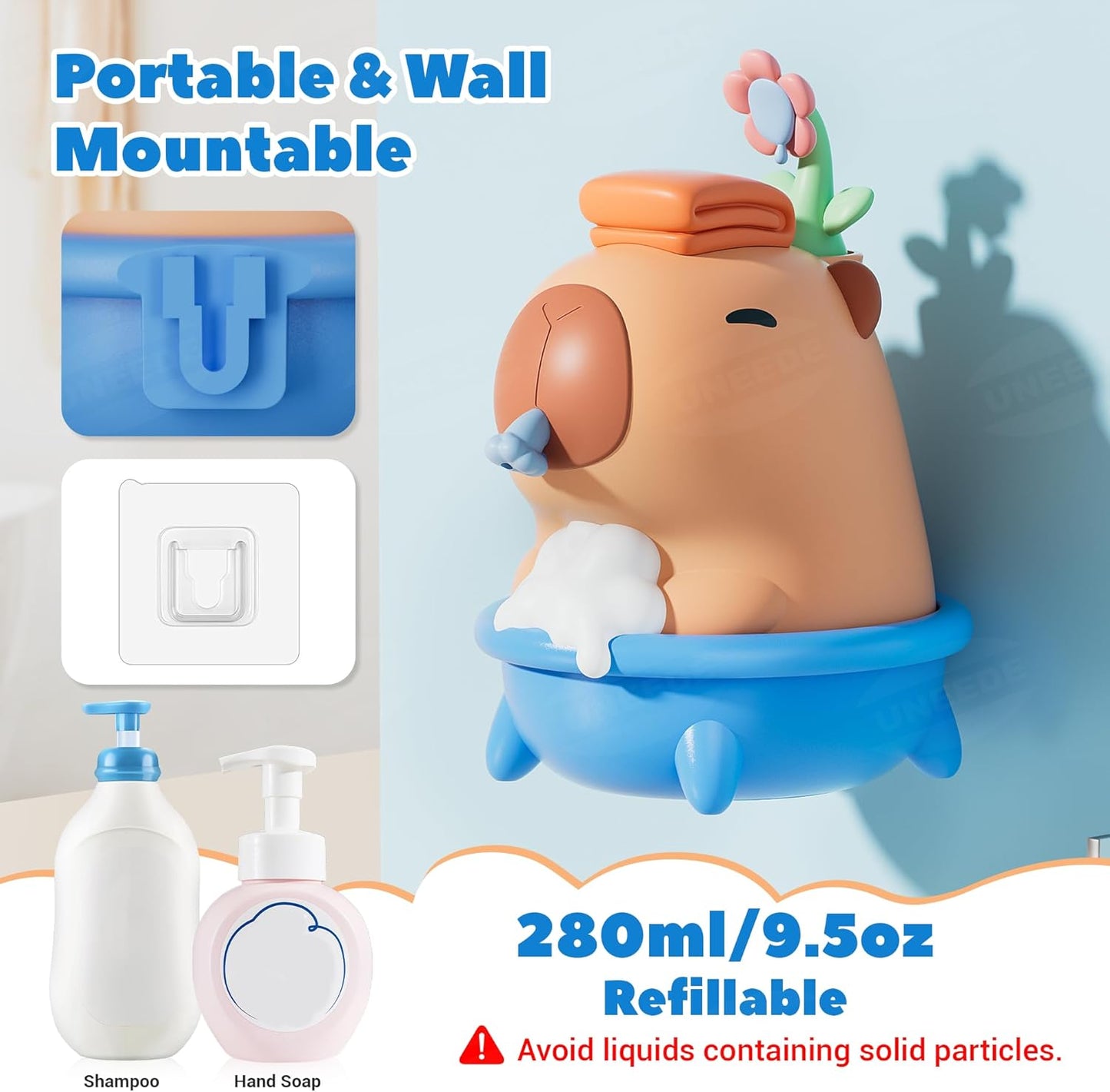 UNEEDE Capybara Hand Soap Dispenser, Automatic Touchless Foaming with Advanced Sensor, IP7 Waterproof, Portable & Wall Mount Rechargeable, 9.5oz/280ml, Cute Soft Silicone for Bathroom, Decor Gifts