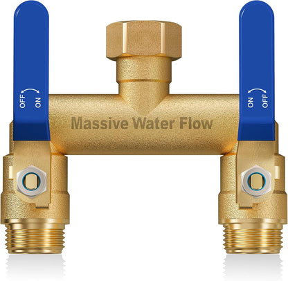 Hose Splitter 2 Way Heavy Duty, Full Flow Garden Hose Splitter with 2 Long Metal Handles, Brass Rust and Freeze Resistant Water Hose Bib Splitter, T Adapter Connector with 3/4 - Inch GHT Thread（Red）