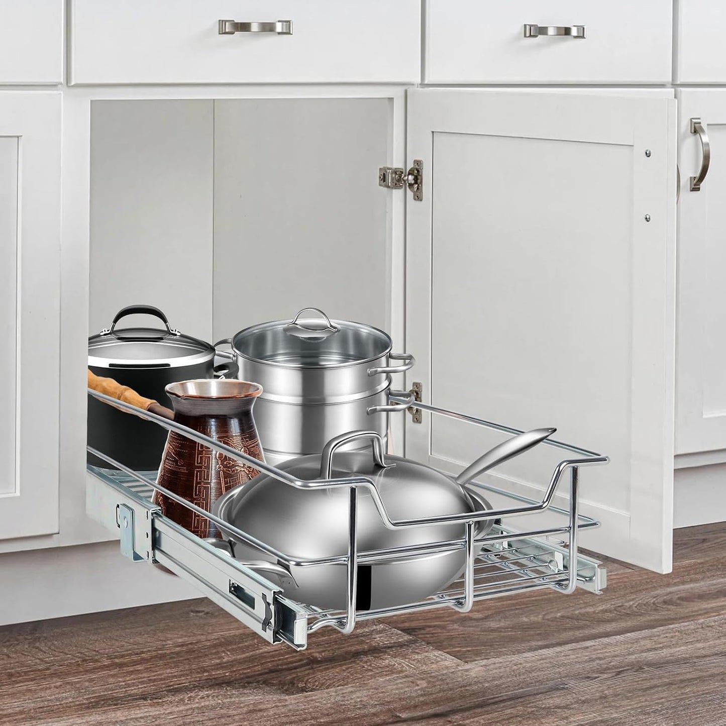 2 Tier Pull Out Cabinet Organizer 11" W X 22" D, Slide Out Drawers For Kitchen Cabinets, Pull Out Drawers For Cabinets Capacity Heavy Duty Caddy, Cabinet Pullout Shelves Chrome-Plated, Bathroom Pantry