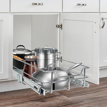 2 Tier Pull Out Cabinet Organizer 11" W X 22" D, Slide Out Drawers For Kitchen Cabinets, Pull Out Drawers For Cabinets Capacity Heavy Duty Caddy, Cabinet Pullout Shelves Chrome-Plated, Bathroom Pantry