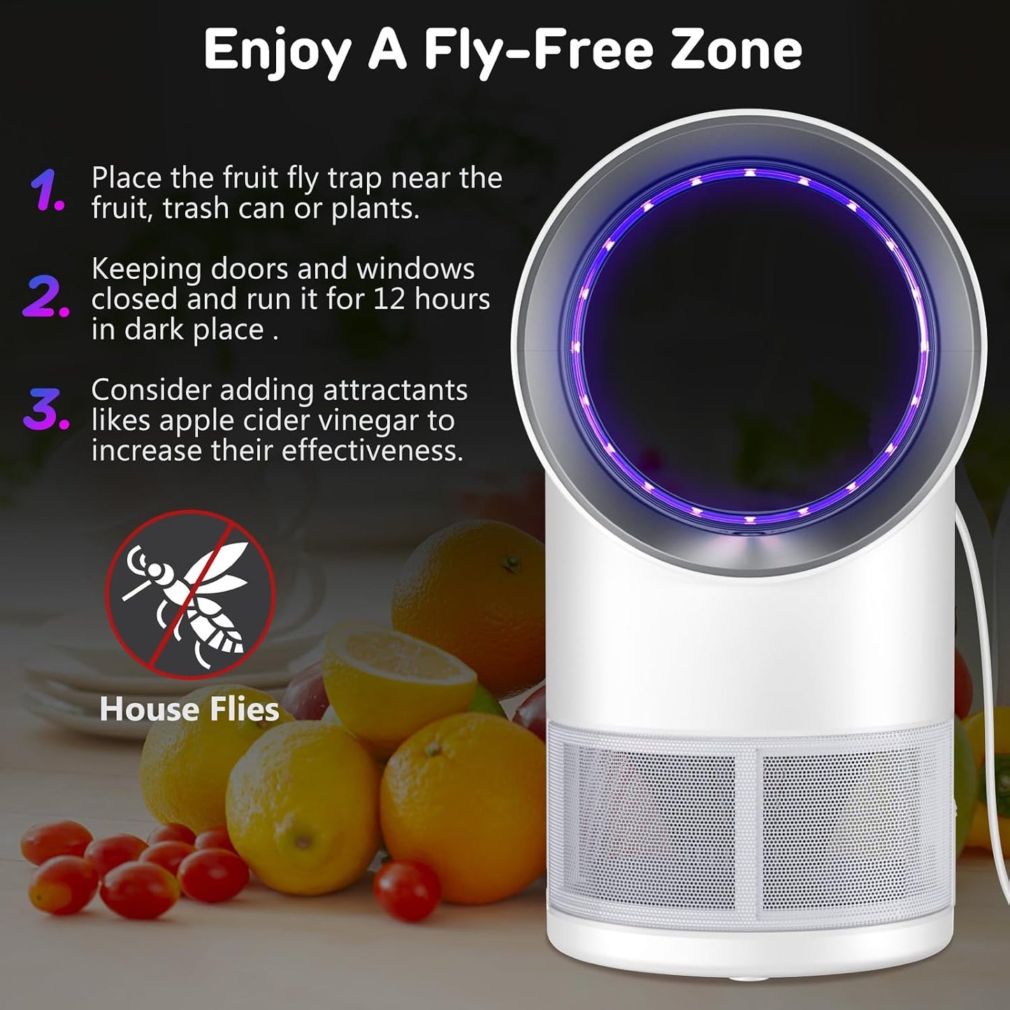 Fly Trap Indoor,Blue Gnat Traps House Indoor,Indoor Insect Trap with Timer | Fruit Fly Trap Indoors Suctions & Captures, 6/12Hr Timer, Kid & Pet Friendly, Low Noise, 10 Refills