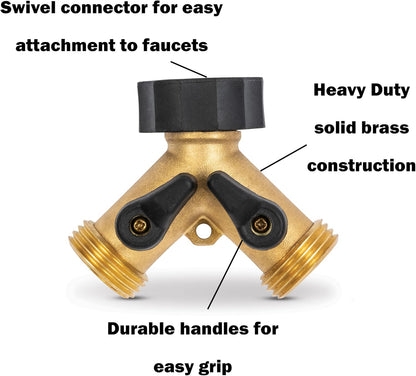 Gilmour Heavy Duty 2 Way Garden Hose Splitter, Dual Water Hose Splitter with Shut Off Valve, Brass Water Manifold
