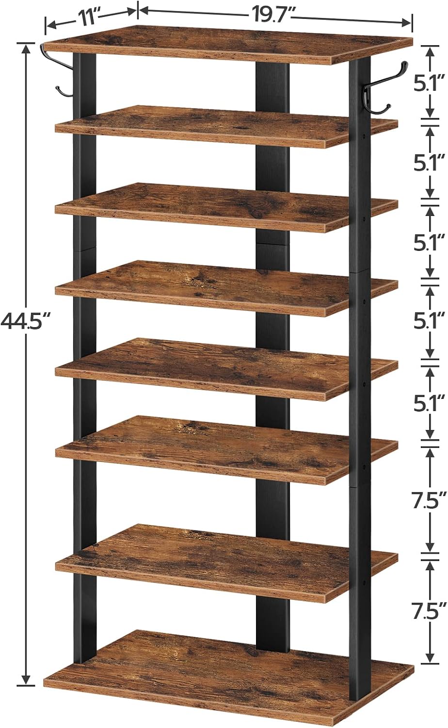 HOOBRO 8 Tiers Vertical Shoe Rack, Wooden Shoe Storage Organizer with Hooks, Narrow Shoe Tower for 8 Pairs, Space Saving, for Entryway, Living Room, Bedroom, Rustic Brown BF07XJ01G1