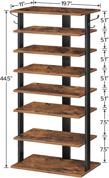 HOOBRO 8 Tiers Vertical Shoe Rack, Wooden Shoe Storage Organizer with Hooks, Narrow Shoe Tower for 8 Pairs, Space Saving, for Entryway, Living Room, Bedroom, Rustic Brown BF07XJ01G1