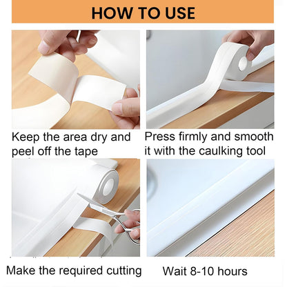 White Caulk Tape Waterproof Self Adhesive, Caulking Tape, Sealer Strip for Bathroom, Toilet Base, Shower, Bathtub, Sink, Countertop Edge Protector, Easy to Use with Silicone Caulking Tool
