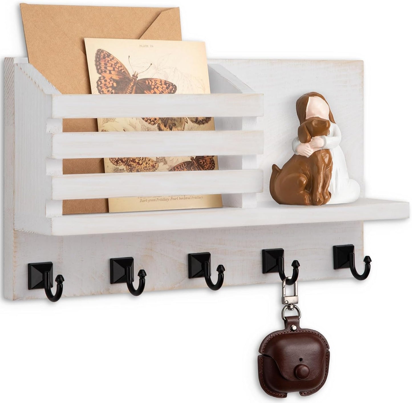 Key Holder Wall Mount, Mail Organizer for Wall with 5 Square Rustic Key Hooks Key Shelf Farmhouse Home Decor for Entryway