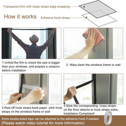 Window Insulation Kit for Winter Adjustable Plastic Insulated Window Cover Sealer Reusable Thermal Thicken Clear Insulation Wrap Transparent Film with Hook and Loop Tape for Winterizing 48'' x 63''