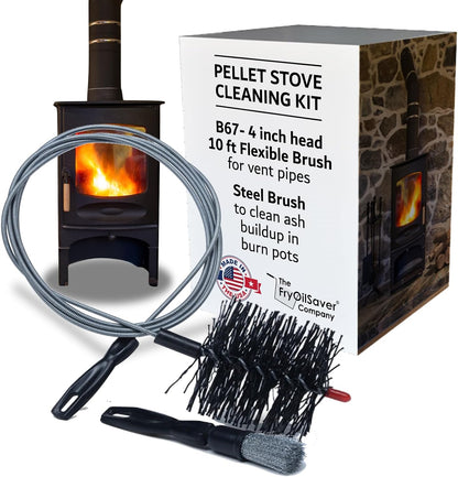 Pellet Stove & Dryer Vent Cleaner Kit – 3 inch Head and 10 ft Long Steel Flexible Brush for Fireplace Chimney, Ash, Lint & Soot Buildup Removal - Pellet Stove Cleaning Kit by FryOilSaver B67C