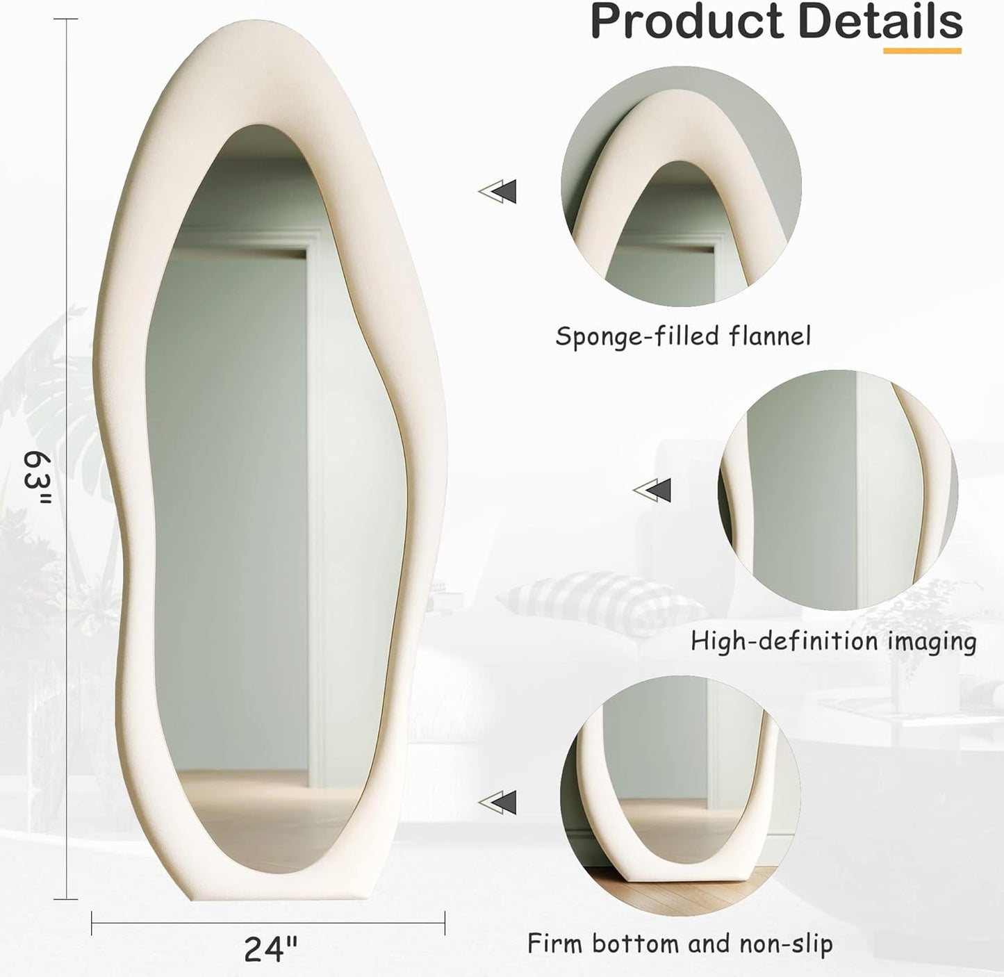 Honyee Full Length Mirror, 63" x 24" Wall Mirror, Flannel Wrapped Wooden Frame Floor Mirror, Irregular Wavy Mirror Hanging or Leaning Against Wall for Cloakroom/Bedroom/Living Room, Milk Tea