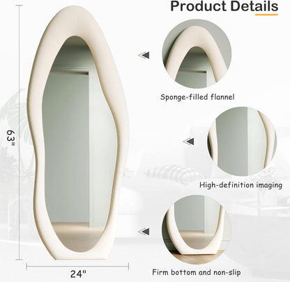 Honyee Full Length Mirror, 63" x 24" Wall Mirror, Flannel Wrapped Wooden Frame Floor Mirror, Irregular Wavy Mirror Hanging or Leaning Against Wall for Cloakroom/Bedroom/Living Room, Milk Tea