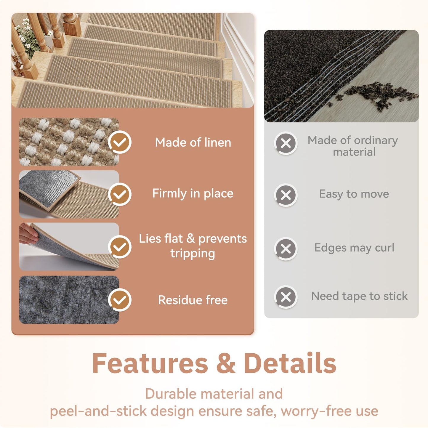 1PC Jute Stair Treads for Wooden Steps-Stairs Carpet Non Slip-Peel and Stick Stair Treads Indoor, Adhesive Staircase Step Treads Residue Free, Durable Natural Stair Runner Rug,8"x30" Beige