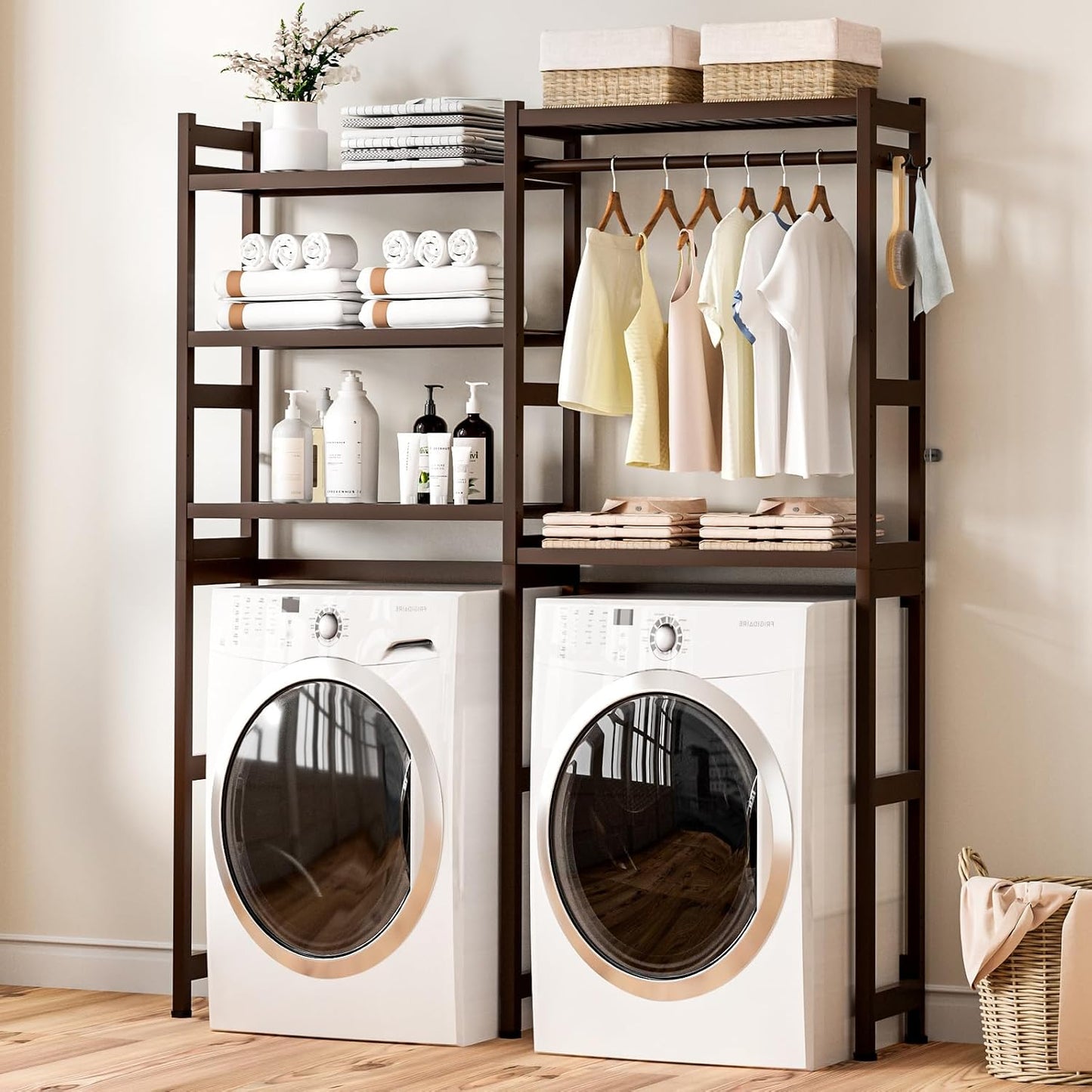 Cozivolife Over The Washer and Dryer Storage Shelf Bamboo,5 Tiers Laundry Room Drying Rack with Adjustable Shelves and 4 Hooks,Space Saver Organizer for Hanging Clothes and Towels (White)