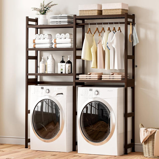 Cozivolife Over The Washer and Dryer Storage Shelf Bamboo,5 Tiers Laundry Room Drying Rack with Adjustable Shelves and 4 Hooks,Space Saver Organizer for Hanging Clothes and Towels (White)