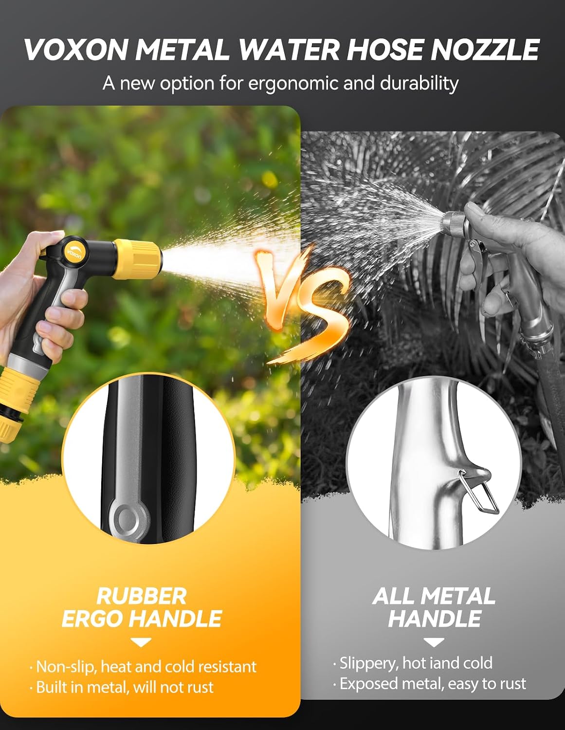 VOXON Garden Hose Nozzle with High Pressure Jet, 100% Heavy Duty Metal Water Hose Nozzle Sprayer with Thumb Flow Control, Adjustable Spray Patterns for Garden Watering, Car Washing, Yellow