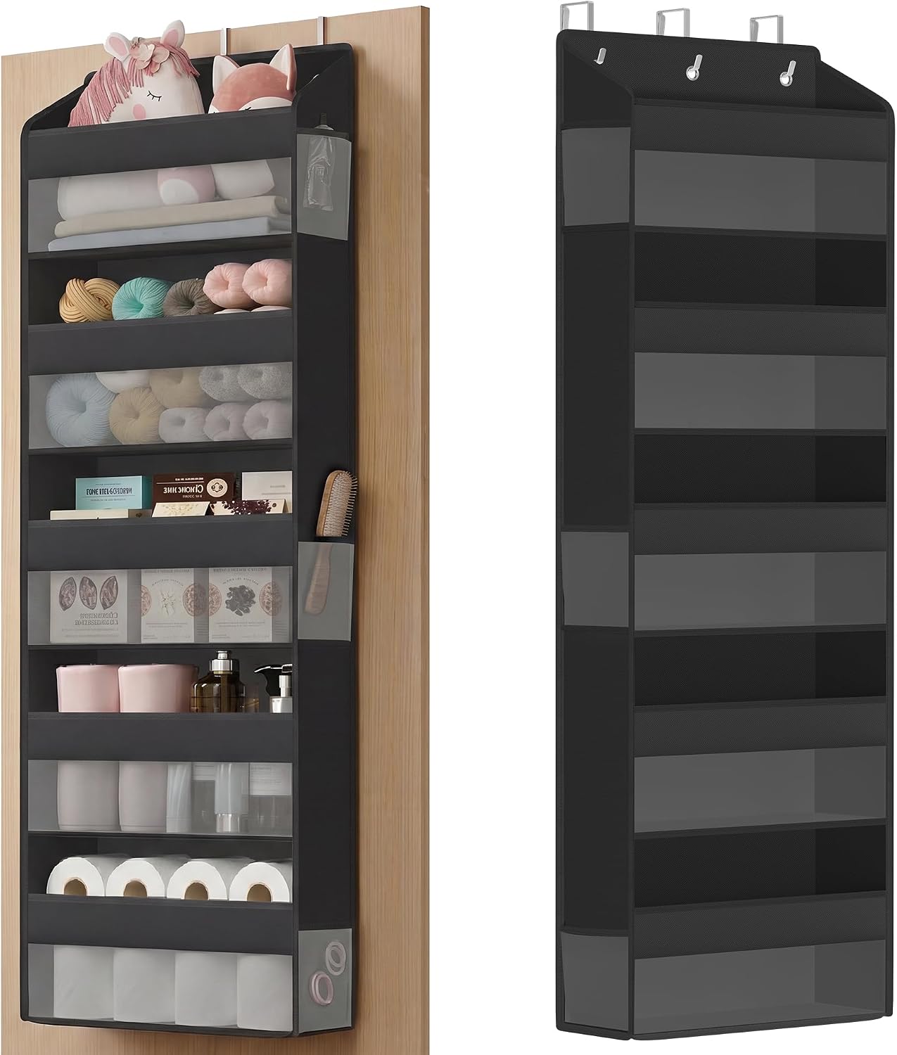 SONGMICS Over-the-Door Organizer, 5-Tier Door Hanging Storage Shelf, Heavy-Duty Closet Hanging Organizer Foldable, Transparent, Pockets, Metal Hooks, Ink Black URDH010BH01