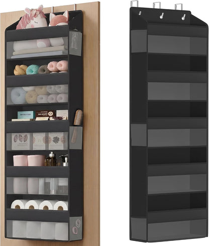 SONGMICS Over-the-Door Organizer, 5-Tier Door Hanging Storage Shelf, Heavy-Duty Closet Hanging Organizer Foldable, Transparent, Pockets, Metal Hooks, Ink Black URDH010BH01